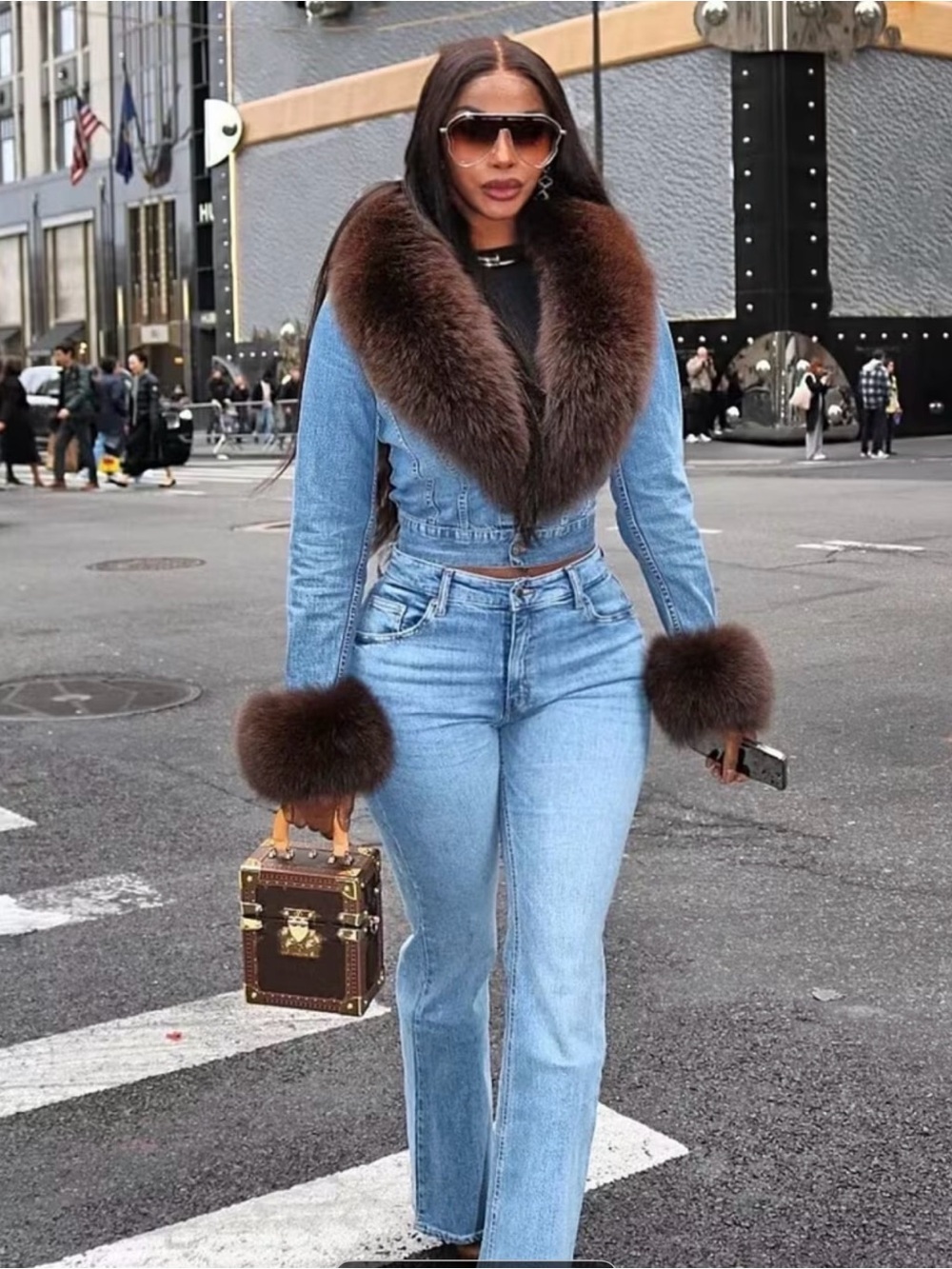 Faux Fur Patcheork Jacket Jeans Casual Denim